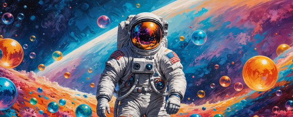 An astronaut with a camera floats amidst a vibrant backdrop of multicolored celestial spheres and nebula clouds.
