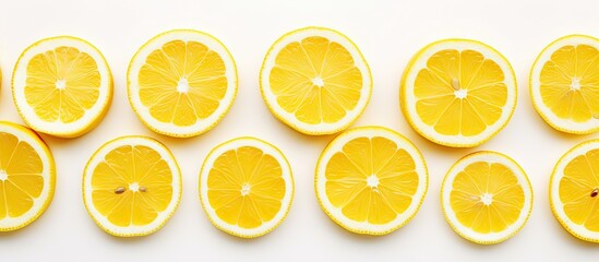 Fototapeta premium A vibrant refreshing copy space image featuring juicy lemon slices set against a clean white background