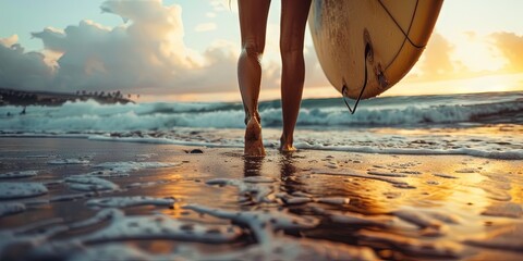 young woman holding a surfboard on the beach - Powered by Adobe