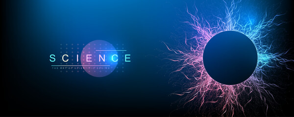 Naklejka premium Scientific vector illustration quantum computer technology. Plexus fiction effect. Deep learning artificial intelligence. Big data algorithms visualization. Quantum explosion background.