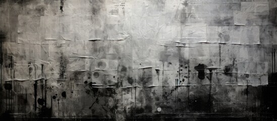 A spooky grunge backdrop with a dark and crumpled surface featuring old torn posters and various shades of black grey and black paper Copy space image