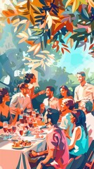 Capture a wide-angle view of a joyful pre-wedding gathering among close friends, featuring vibrant colors and candid laughter, suitable for a watercolor painting