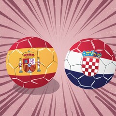 two football balls adorned with the vibrant colors of Spain and Croatia flags, symbolizing the anticipation and energy of the upcoming match