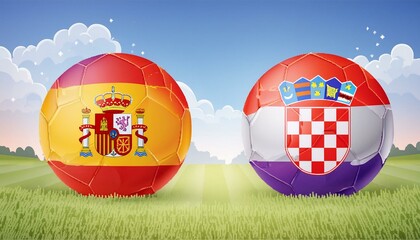 two football balls adorned with the vibrant colors of Spain and Croatia flags, symbolizing the anticipation and energy of the upcoming match