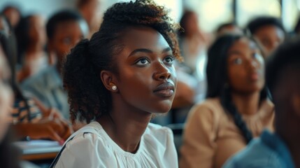 Black Female Student Sitting in Class, Listening to Lecture with Her Fellow Students.