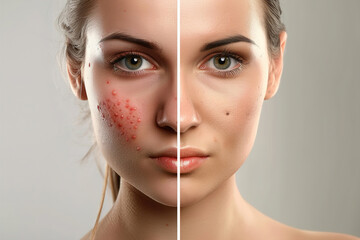 Skincare, progress and portrait of woman for makeup, acne problem or close-up spots.