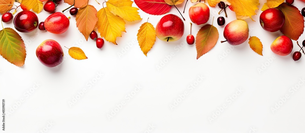 Canvas Prints colorful autumn leaves and small red apples arranged on a white background in a flat lay composition
