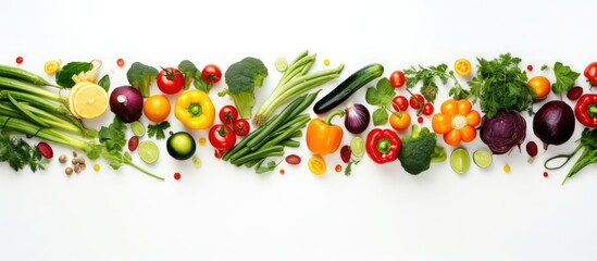 A vibrant overhead shot of fresh vegetables arranged in a captivating food pattern on a white background providing ample copy space for a design template