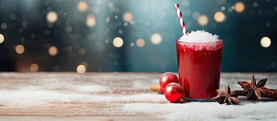 A winter themed beverage adorned with a wooden snowflake and a small red toy ball creating a festive atmosphere Copy space image
