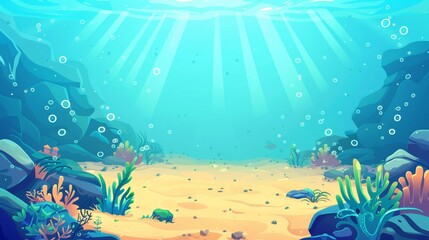 Fototapeta na wymiar Background of an ocean or sea with empty sand and seaweed growing along rocks. Air bubbles floating at sun beams falling from above. Marine scene undersea life cartoon illustration.