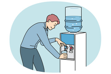 Smiling man get water in cooler in office. Male pour clean still aqua from dispenser at workplace. Vector illustration.