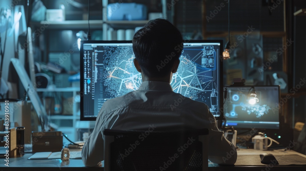 Poster engineer using a computer with transparent holographic display. monitor shows visualization of a mec