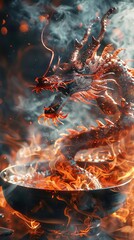 Capture the majestic scales of a dragon made from vibrant, swirling spices in a close-up shot Use CGI to enhance the steam rising from a sizzling pot