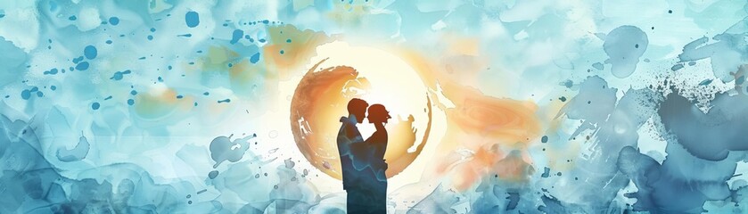 Capture the romantic pre-wedding moment with a unique worms-eye view twist Show a couple in love, embracing, framed by a majestic sky Use watercolors to evoke a dreamy atmosphere