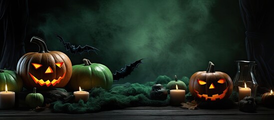 A Halloween themed copy space image showcasing decorations such as ghost spiders bats knitted webs and pumpkins on a green background It can be used as a Halloween greeting card mockup