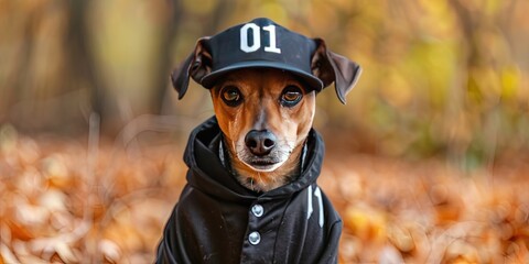 Dog wearing black sports jersey with number 01 on it to root for the home team