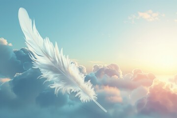 Photorealistic graphics, white feather floats in the clouds in the sky with copy space area.