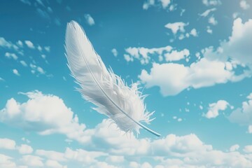 Photorealistic graphics, white feather floats in the clouds in the sky with copy space area.