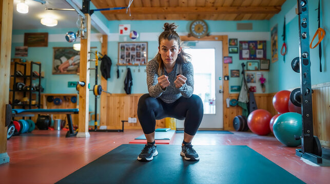 jeune femme vu de face en train de faire du sport sur un tapis de sol
