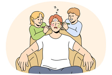 Happy children have fun drawing on father sleeping on chair at home. Naughty smiling kids paint on sleepy dad face, relaxing in armchair. Vector illustration.