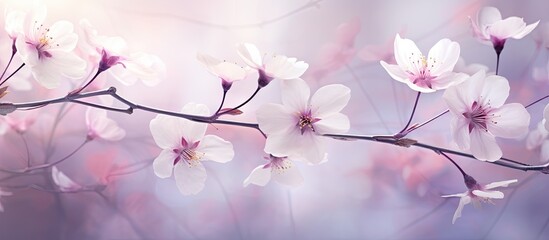 A stunning copy space image captures the ethereal beauty of blooming flowers with a soft shiny texture in shades of white pink and purple