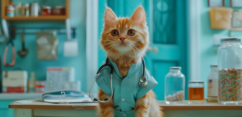 The cute orange tabby cat wears a veterinarian's costume, with a stethoscope hanging around its neck
