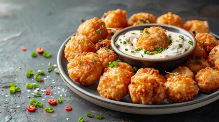 Fototapeta premium Tater tots with ranch dressing on plate over dark background
