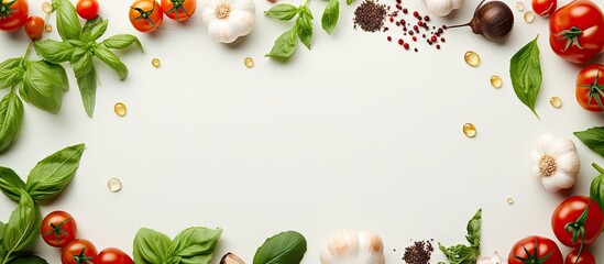 Top view of a clean paper background with a food cooking border consisting of fresh green basil cherry tomatoes and garlic cloves The ingredients are ready for preparing a meal with ample copy space