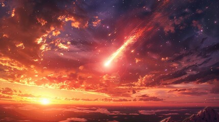 Obraz premium A dazzling meteor streaks across the sky as the sun s light glistens upon it transforming into a fiery meteorite plummeting during daylight turning into a spectacular bright fireball during