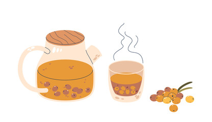Sea Buckthorn Products, Jug Full Of Tea With Berries Inside, Steaming Glass Of Juice, And A Cluster Of Fresh Berries