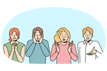 Diverse people showing various emotions. Men and women demonstrate face expressions feeling emotional. Vector illustration.