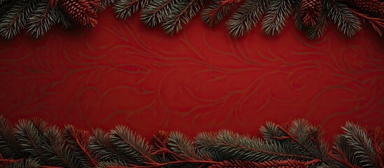 A red background with fir branches framing the edge perfect for a Christmas themed copy space image