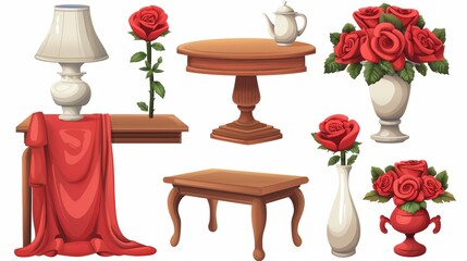 The set of home interior stuff on the right includes a coffee table with a red cloth, a lamp with a lampshade, and a vase with rose flowers. Cartoon modern illustration.