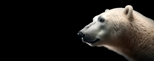 Fototapeta premium The head of a bear in profile close-up. Panoramic image of a polar bear's head on the right against the background of a black isolated banner.