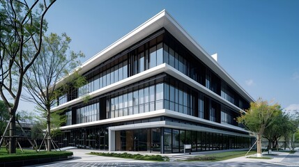 Elegant Modern Chinese-Style Office Building with Striking Rectangular Facade and Stylized Eaves