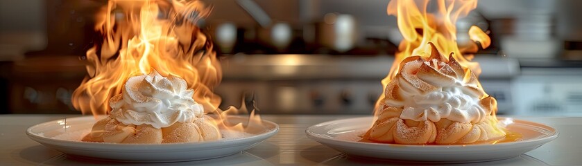Two orders of Bananas Foster are prepared in a restaurant.
