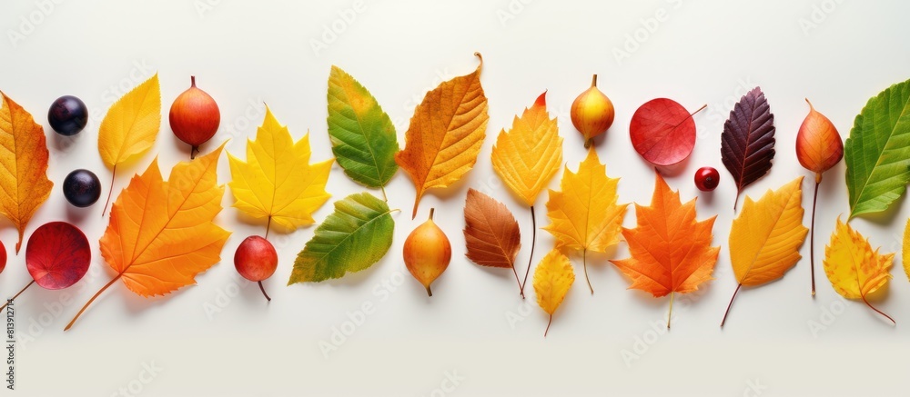 Wall mural top view of a stunning autumn inspired flat lay with colorful leaves as a backdrop providing copy sp