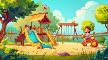 Playground with slide, sandbox and swing with kids on summer park, garden or backyard. Modern illustration of happy girl playing in sandpit with boy on rocking horse.