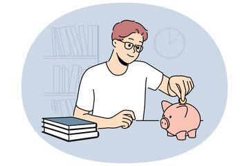 Smiling man in glasses put coin in piggybank saving money for future. Happy guy make financial investment in piggy bank. Budget management. Vector illustration.
