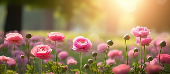 Gardeners and decorators can find inspiration in the beauty of a pink Persian buttercup surrounded by soft blurred green foliage and illuminated by sunlight Perfect for creative ideas and projects th
