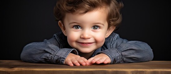A happy 2 year old boy engaged in play looks directly at the camera in a delightful portrait Copy space image