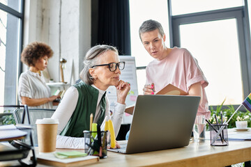 Obraz premium Concentrated diverse female professionals working together on their project in office.