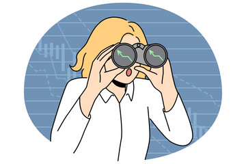 Excited businesswoman with binoculars search for investment opportunities. Employee with spyglass see rising graphs or charts. Business financial success. Vector illustration.