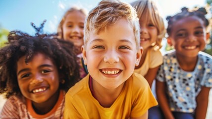 Group of diverse children smiling together in a sunny outdoor setting, reflecting joy and unity among different ethnicities, international childrens day