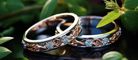 Rose gold and silver wedding rings featuring a beautiful bouquet of green flowers The rings present an elegant combination of colors and nature inspired design Ideal for couples seeking unique and st