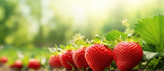 Growing strawberry fruits in a garden showcasing a vibrant image with plenty of copy space