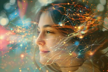 Female teen smiling confidently overlaid with an illustrative LED light neural network to symbolise ideas and innovation  - Powered by Adobe
