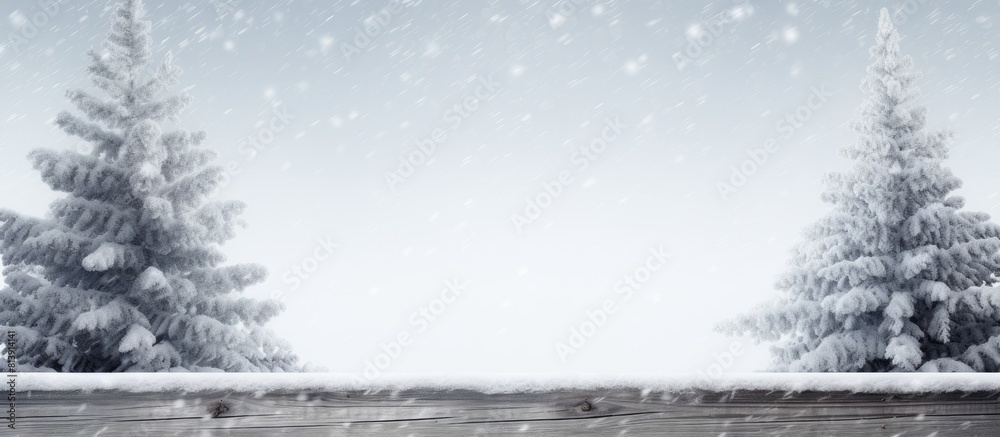 Poster A snowy fir tree on a wooden Christmas background seen from above with ample empty space for your text