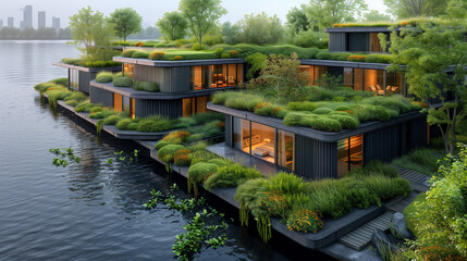 Obraz premium Integration with Nature - Views of the port with integrated natural elements such as green roofs or walls covered in vegetation, emphasizing the ecological aspect of design. 