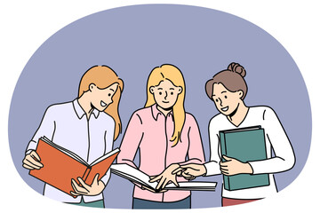 Smiling female colleagues coworking together in office discuss paperwork. Happy businesspeople brainstorm talk about documents at workplace. Vector illustration.